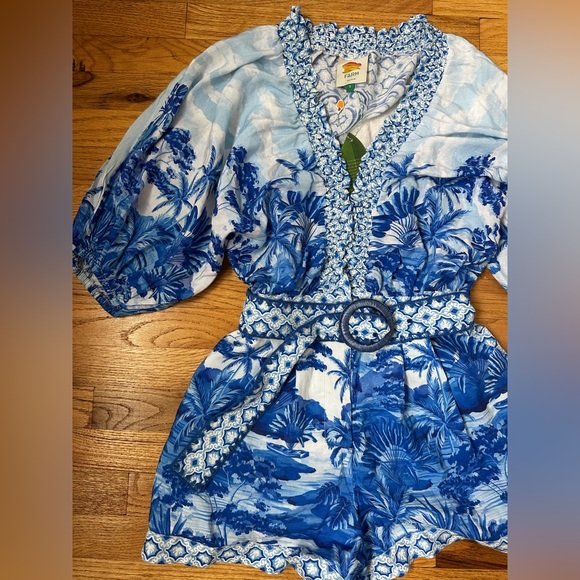 FARM RIO ANTHROPOLOGIE Blue Floral V-Neck Romper with Belt - Picture 2 of 12